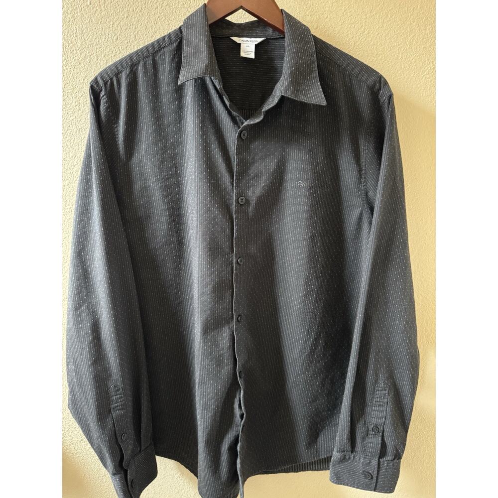 Calvin Klein Shirt Men’s Large Black Cotton Casual Button-Up Striped